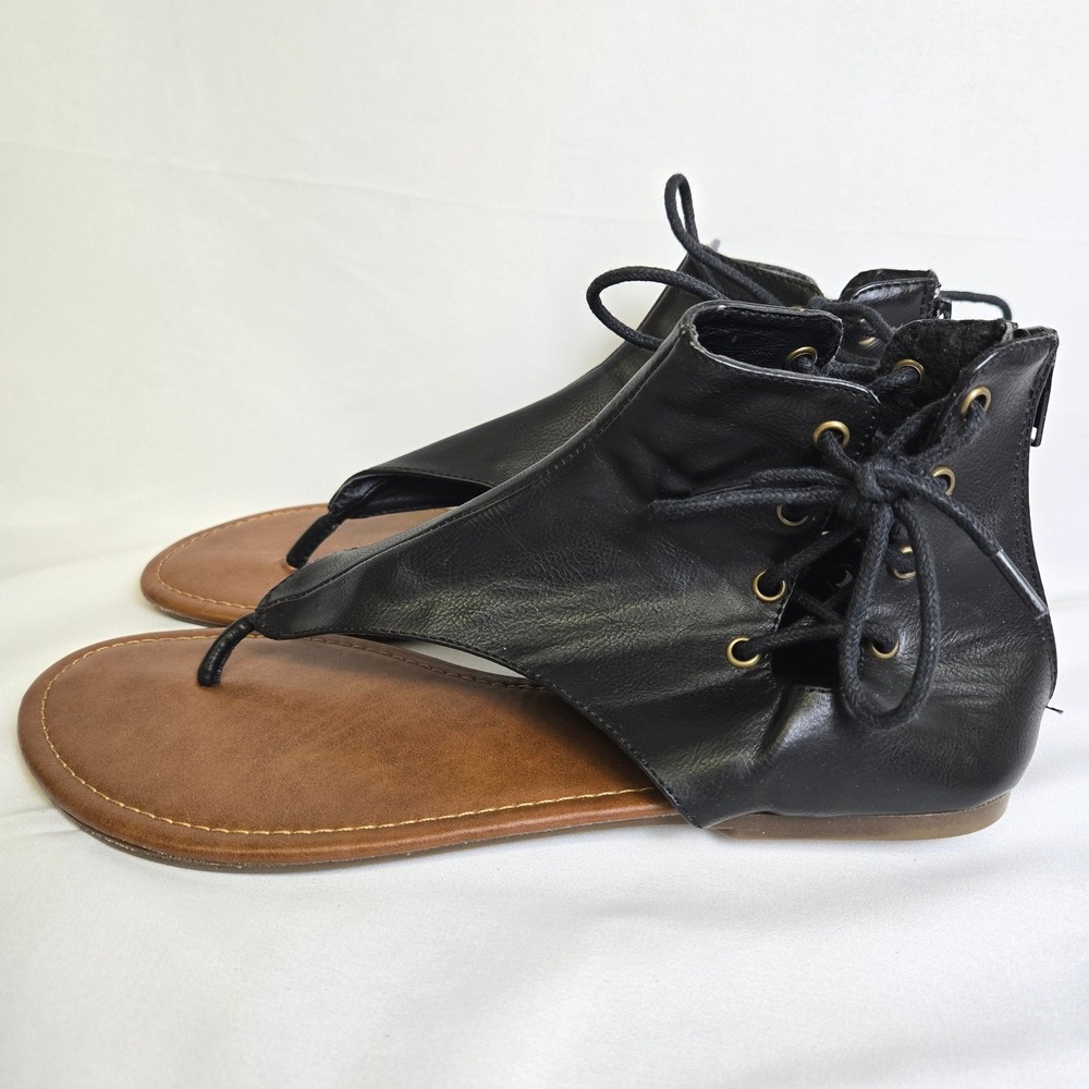 Maurices Evaleen Lace-Up Gladiator Thong Sandals Black Faux Leather 91049